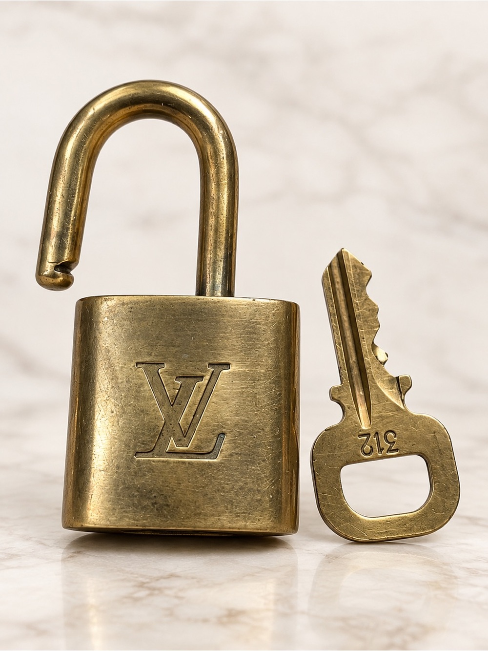Authentic Louis Vuitton LV Padlock Lock & Key #312 Gold Brass Bag Charm